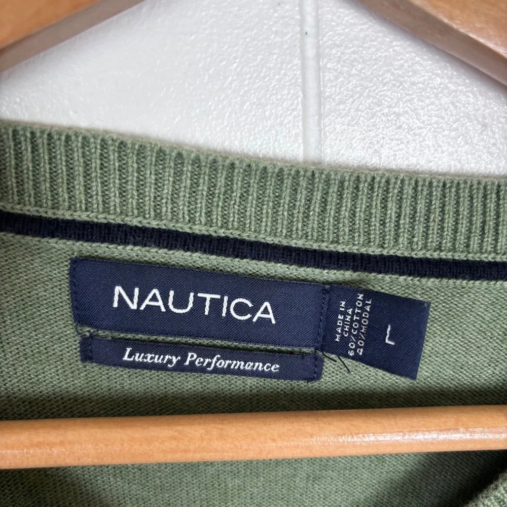 Nautica V-Neck Men's Sweater Luxury Performance Cotton Blend Olive Green Large‎